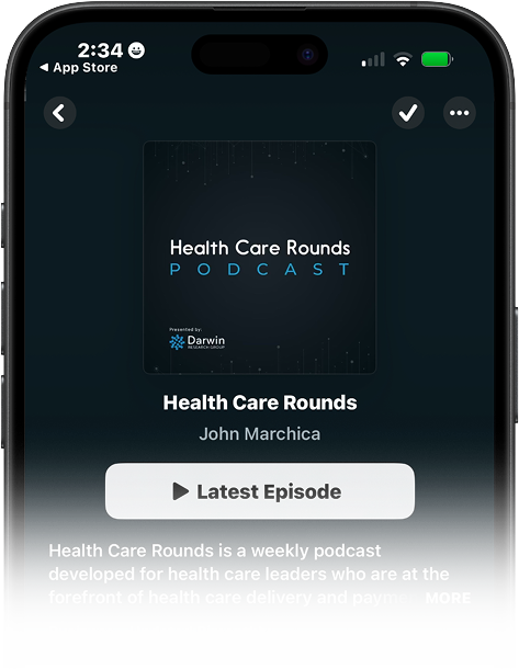 Smartphone screen showing 'Health Care Rounds' podcast by John Marchica with a button for the latest episode and descriptive text below.