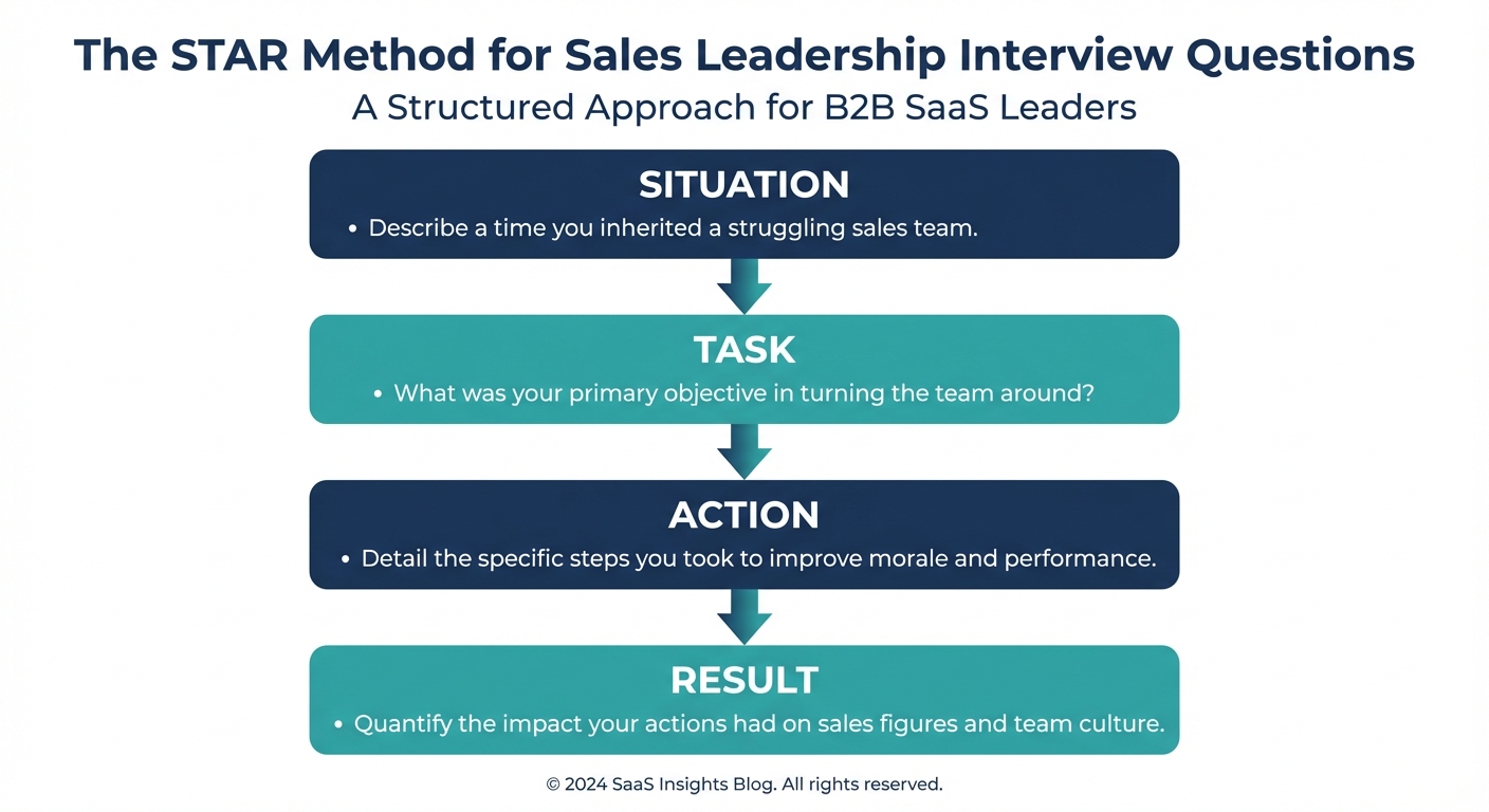 STAR Method Infographic here - a visual flowchart breaking down Situation, Task, Action, and Result for sales leadership scenarios