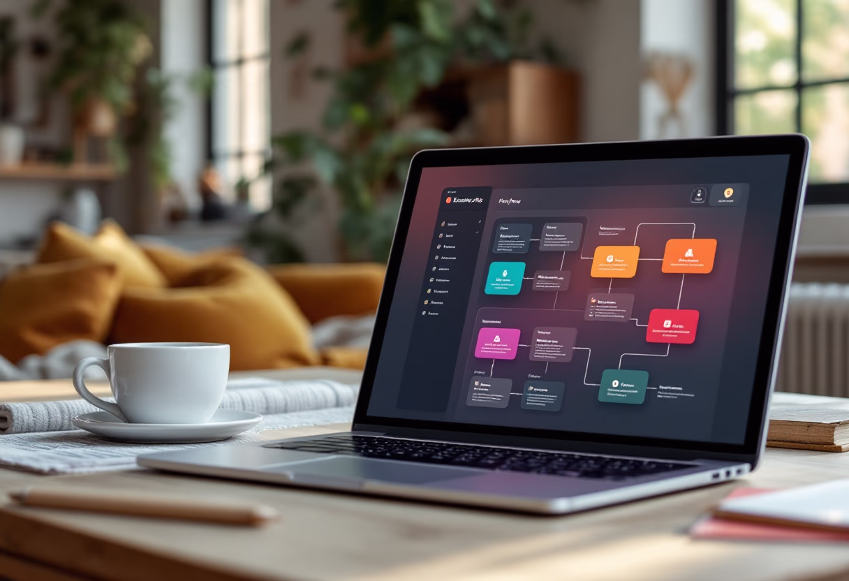 [interface] graphic design of app flow diagram (for a consumer apps) in an open workspace