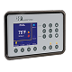 A wall-mounted security alarm control panel with a digital screen displaying system status and a numeric keypad.