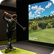 Person playing golf in an indoor simulator with a large screen showing a golf course.