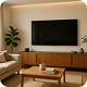Modern living room with a large wall-mounted TV, wooden furniture, and warm lighting.