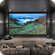 Home theater with large screen, reclining seats, and dark walls.
