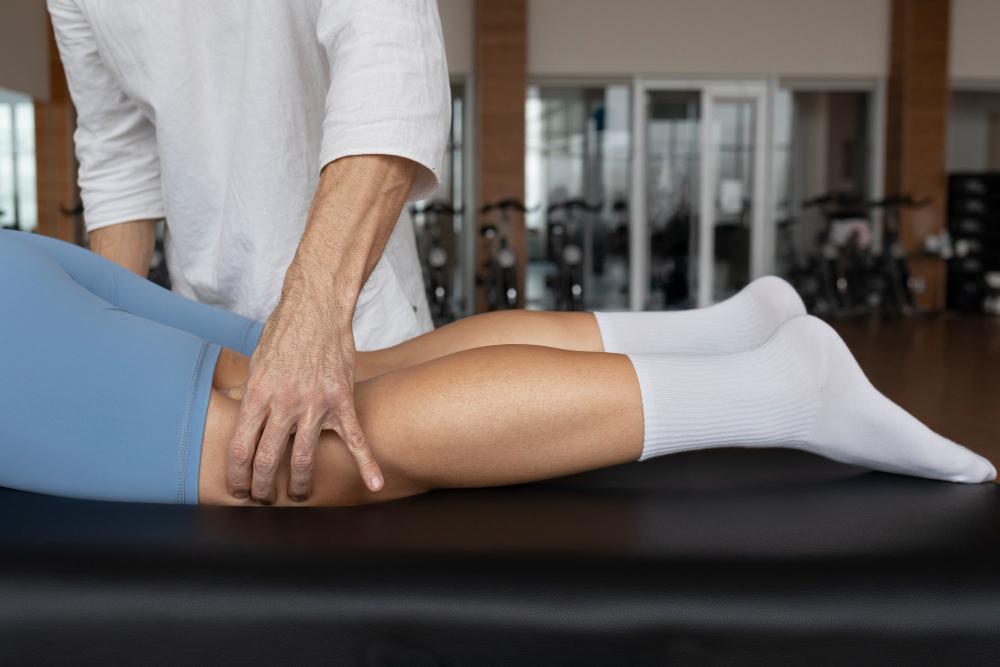 Doctor of Physical Therapy performing ACL assessment and treatment on athlete in Wilmington NC clinic