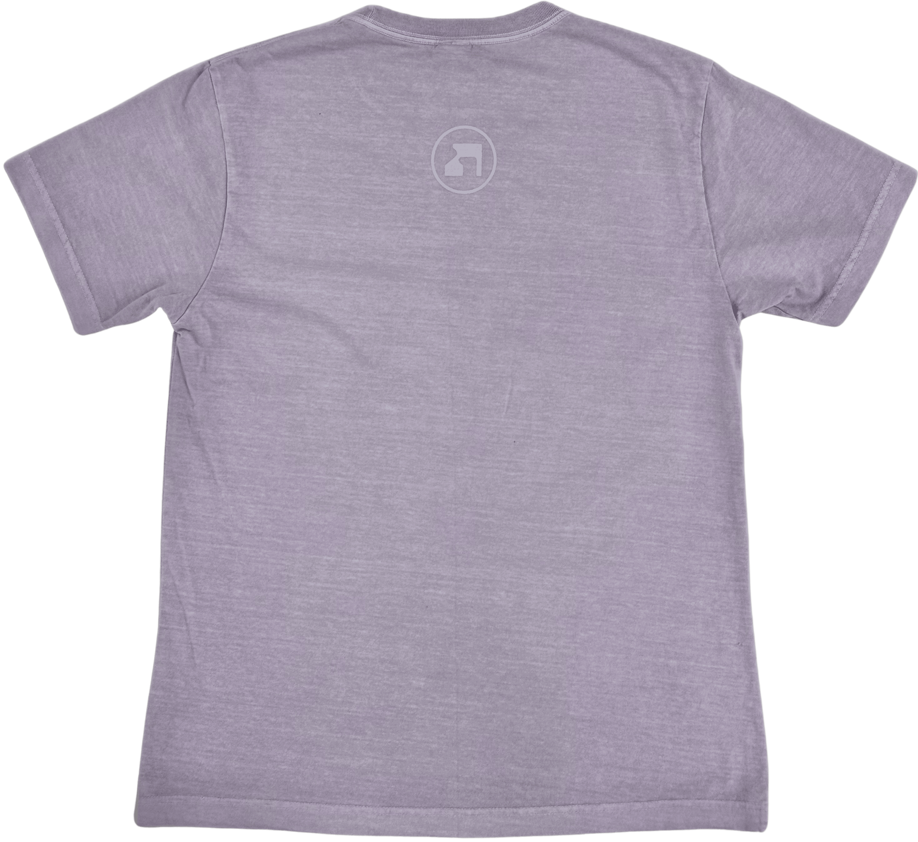 back washed lavender short-sleeve t-shirt with grey text