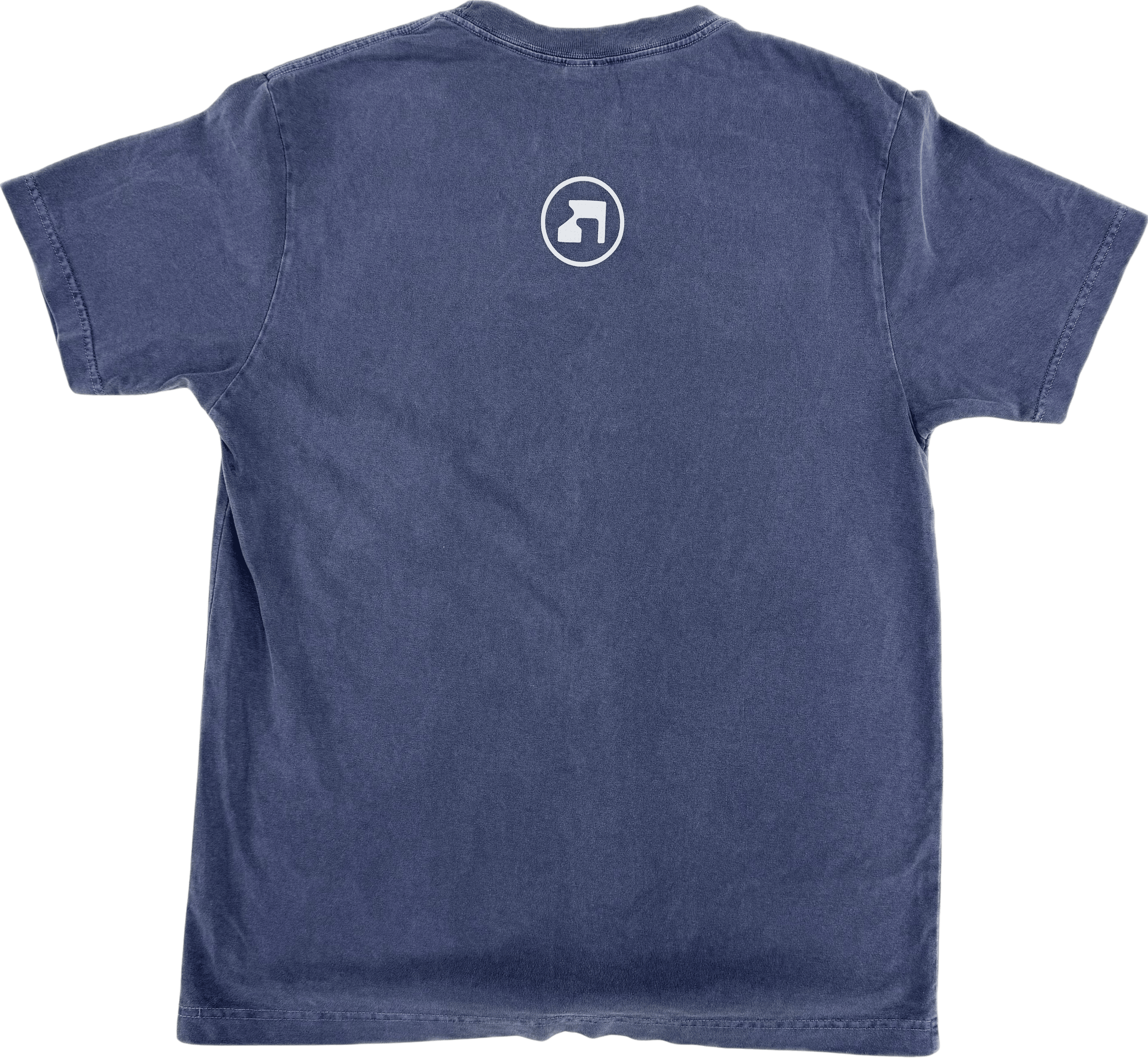 back washed denim short-sleeve t-shirt with grey text