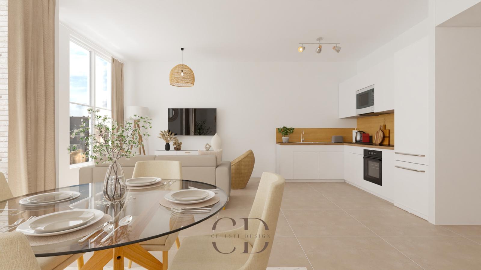 Cuisine moderne ouverte avec coin repas comprenant une table en verre et chaises beige, canapé clair et téléviseur mural, décoration minimaliste et luminaires suspendus.