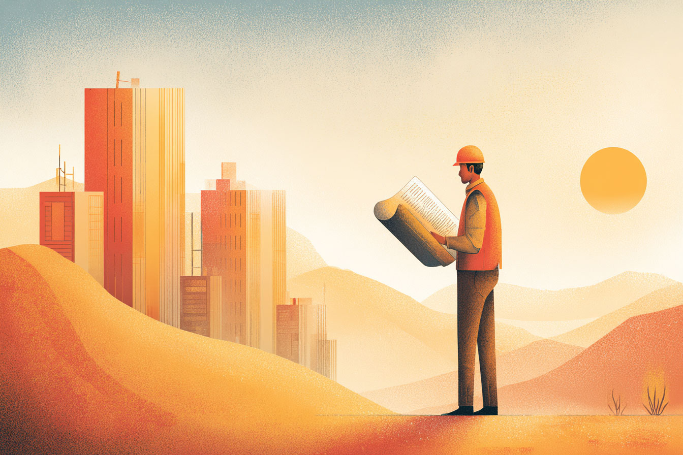 Illustration of architect with plans overlooking a city.