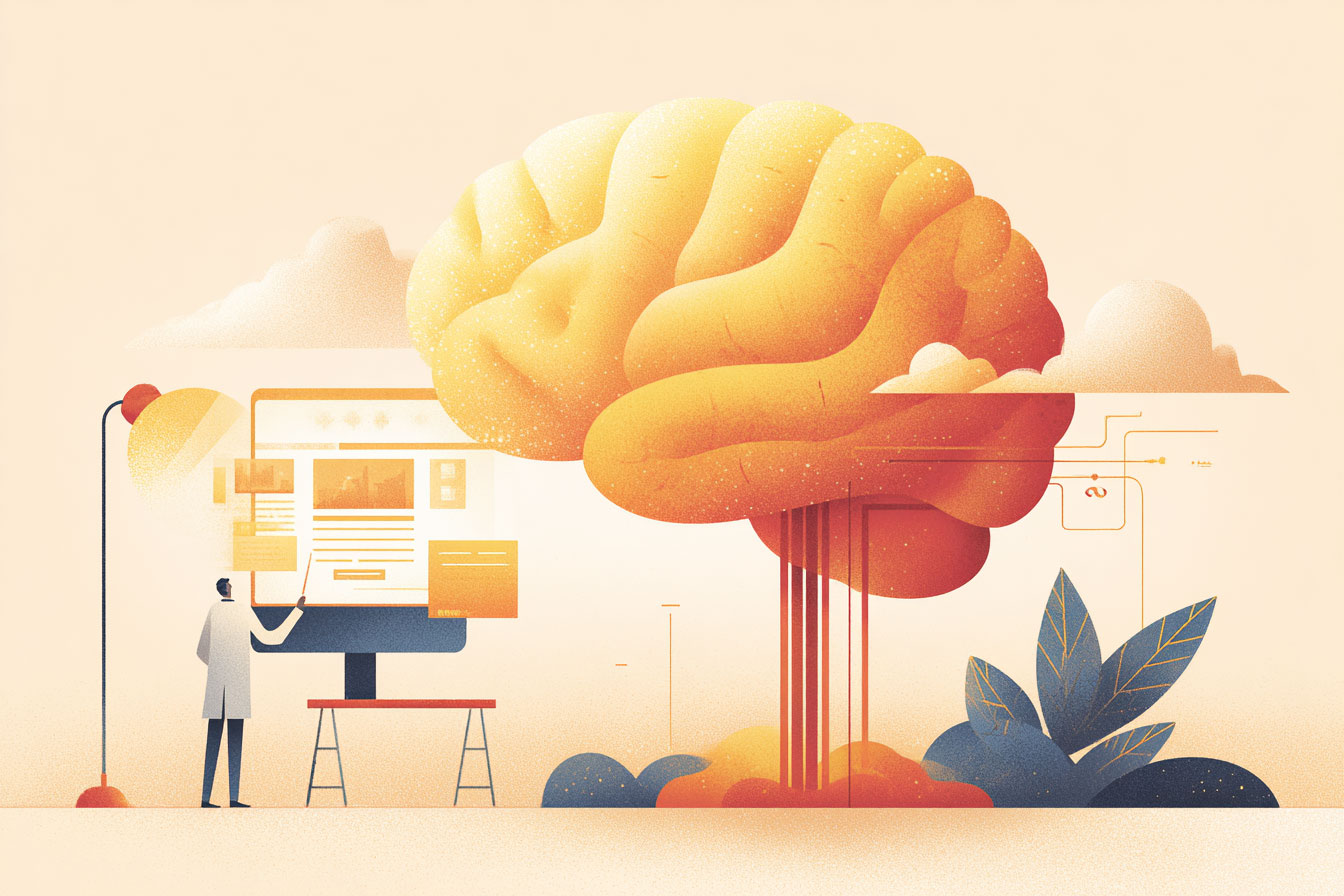 Illustration of a scientist working on an oversize monitor connected to a huge floating brain.