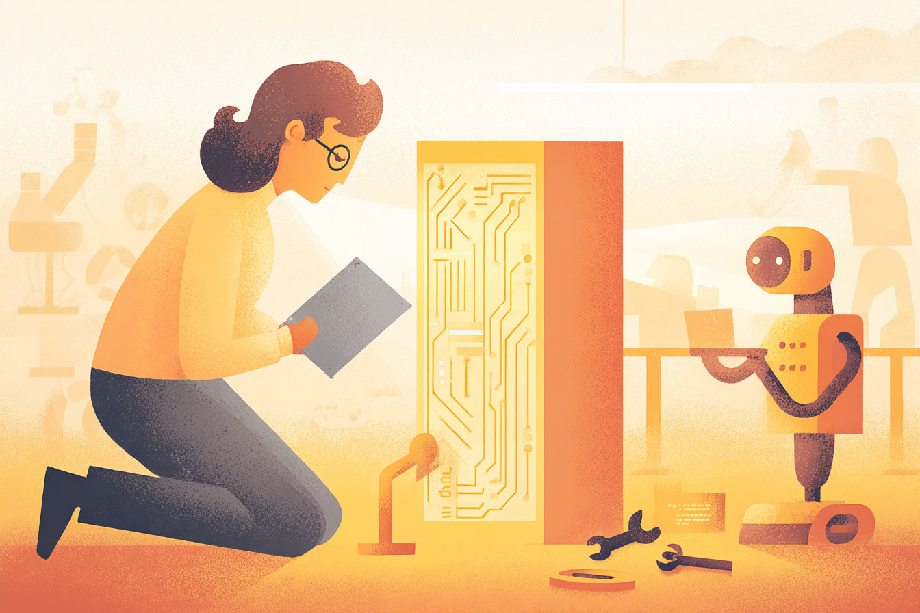 Illustration of an engineer on her knees examining a server with the help of a robot.