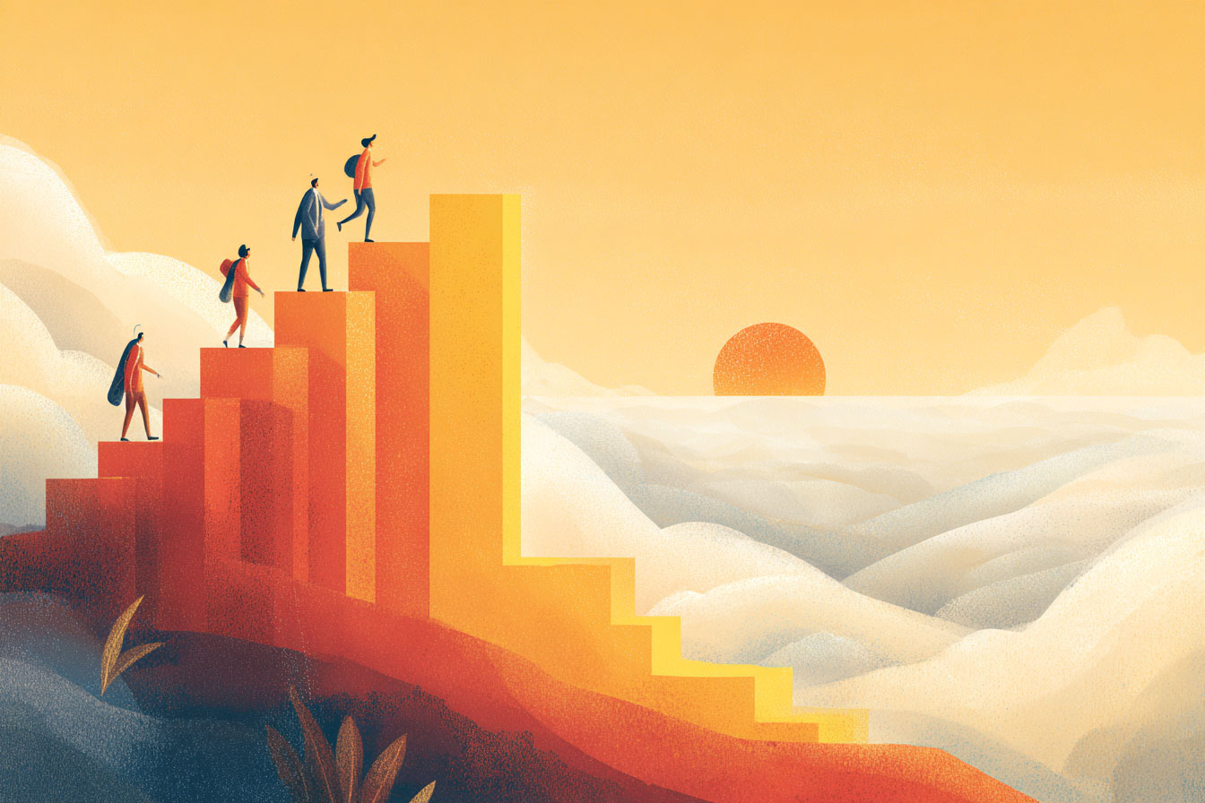 People walking up large steps to the clouds at sunset.