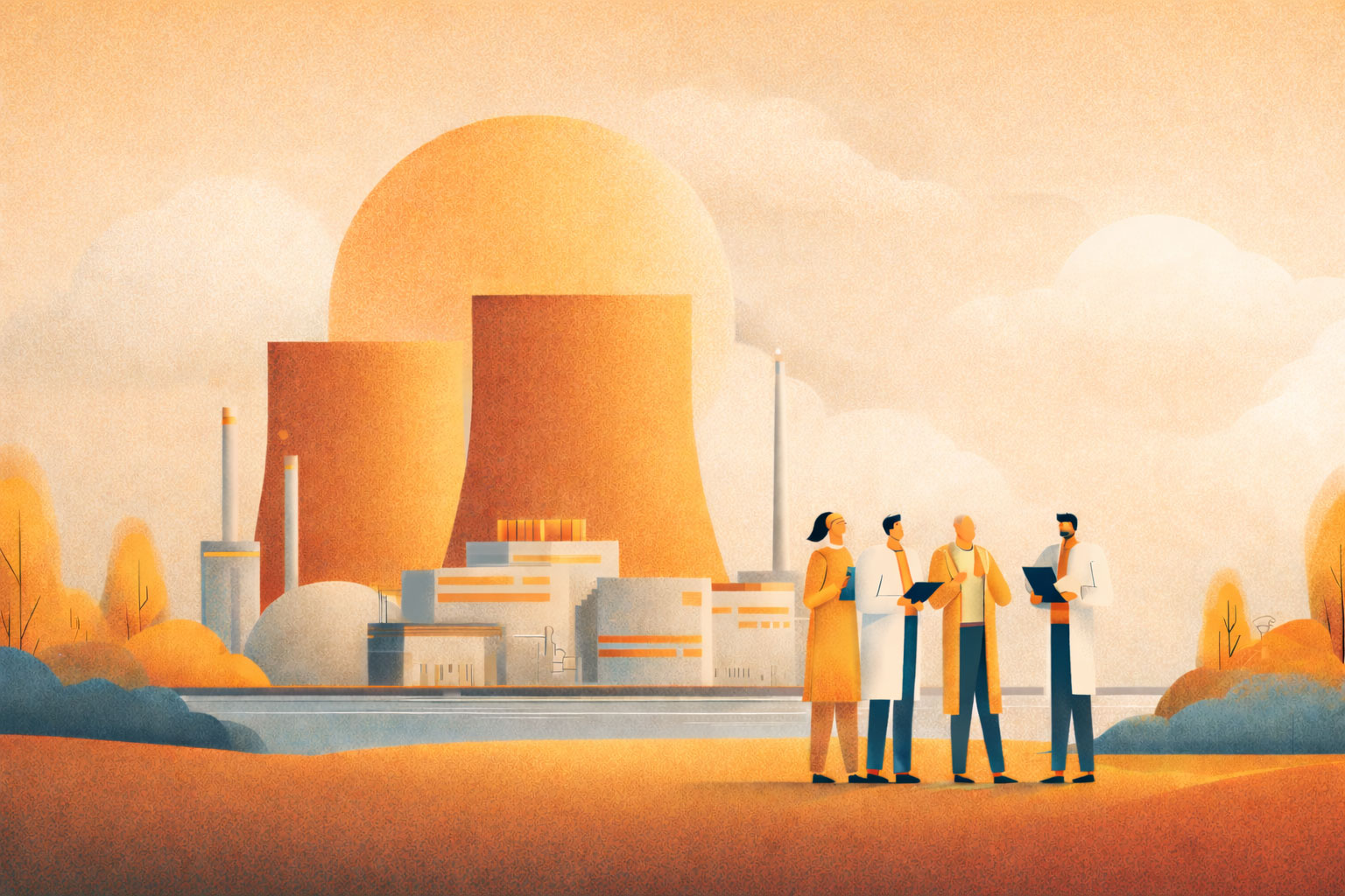 Illustration of people reading plans while a rocket awaits liftoff in the background.