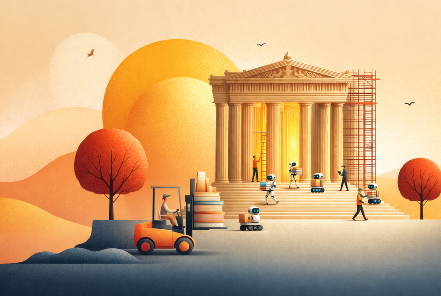 Illustration of a library being constructed and books being delivered with people and robots come and go.