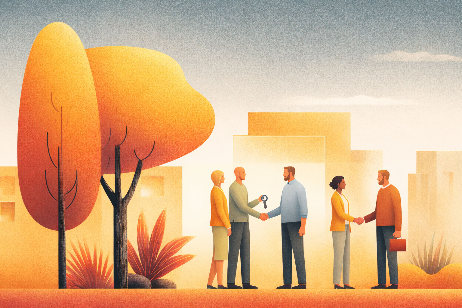 Illustration of people shaking hands concluding a deal.