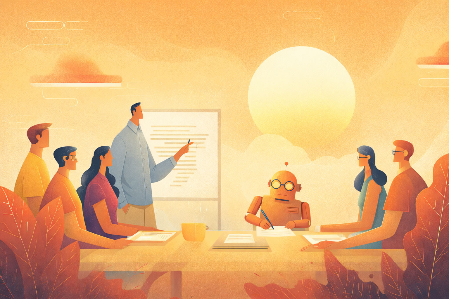 Illustration of people meeting with a robot to transcribe.