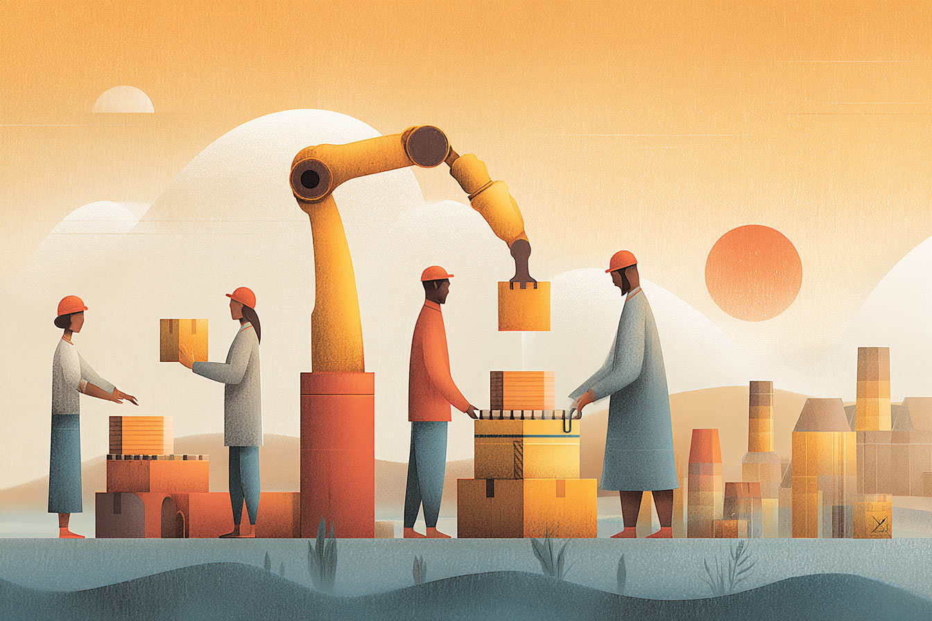 Illustration of people working with a robot to construct data stores.