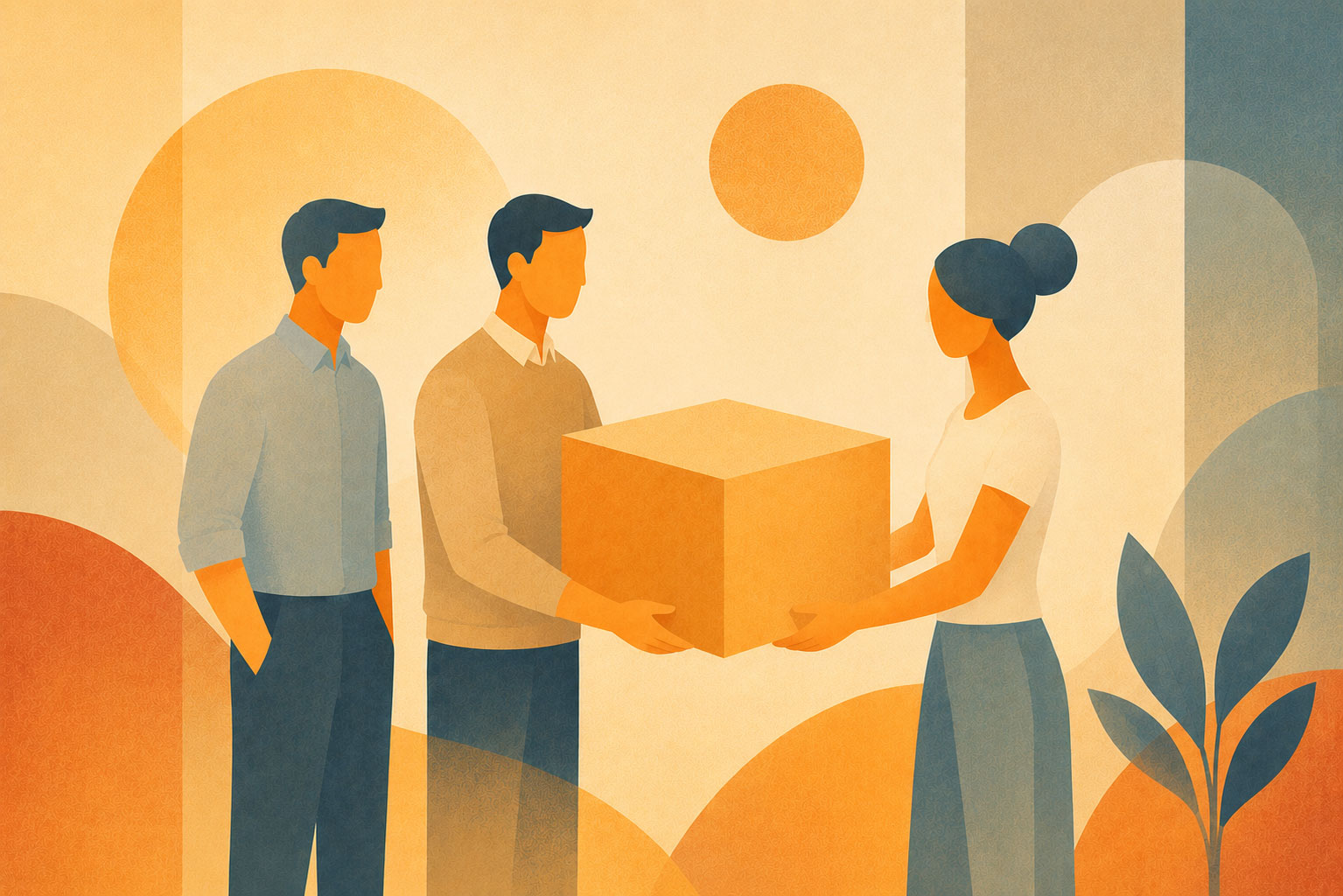 Illustration of two people handing another person a large package.
