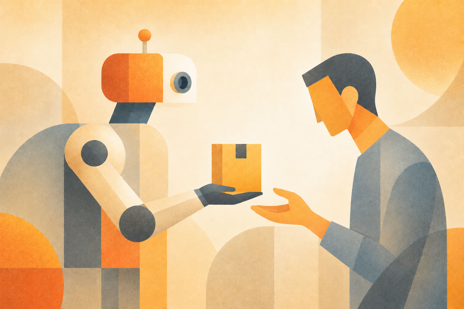 Illustration of a robot handing a person a package