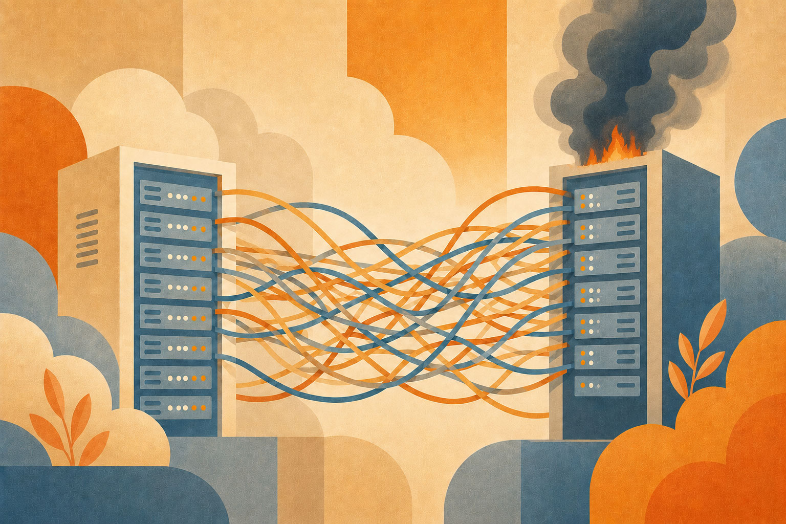 Illustration of connected servers, one is on fire and smoking.