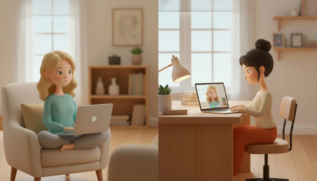 Deux femmes en animation 3D font une visioconférence, une blonde assise en tailleur sur un fauteuil avec un ordinateur portable, et une brune aux cheveux en chignon assise à un bureau regardant l'écran.