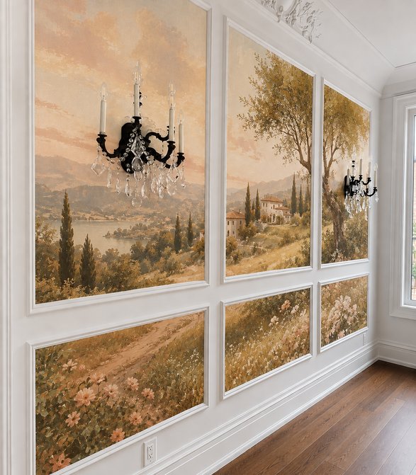 Wall panels painted with a countryside landscape scene with trees, flowers, and houses, lit by two chandeliers.