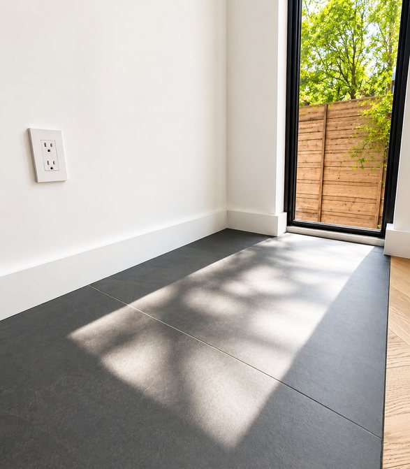 Sunlight casting a shadow through a glass door onto dark tiled floor near white wall with outlet.