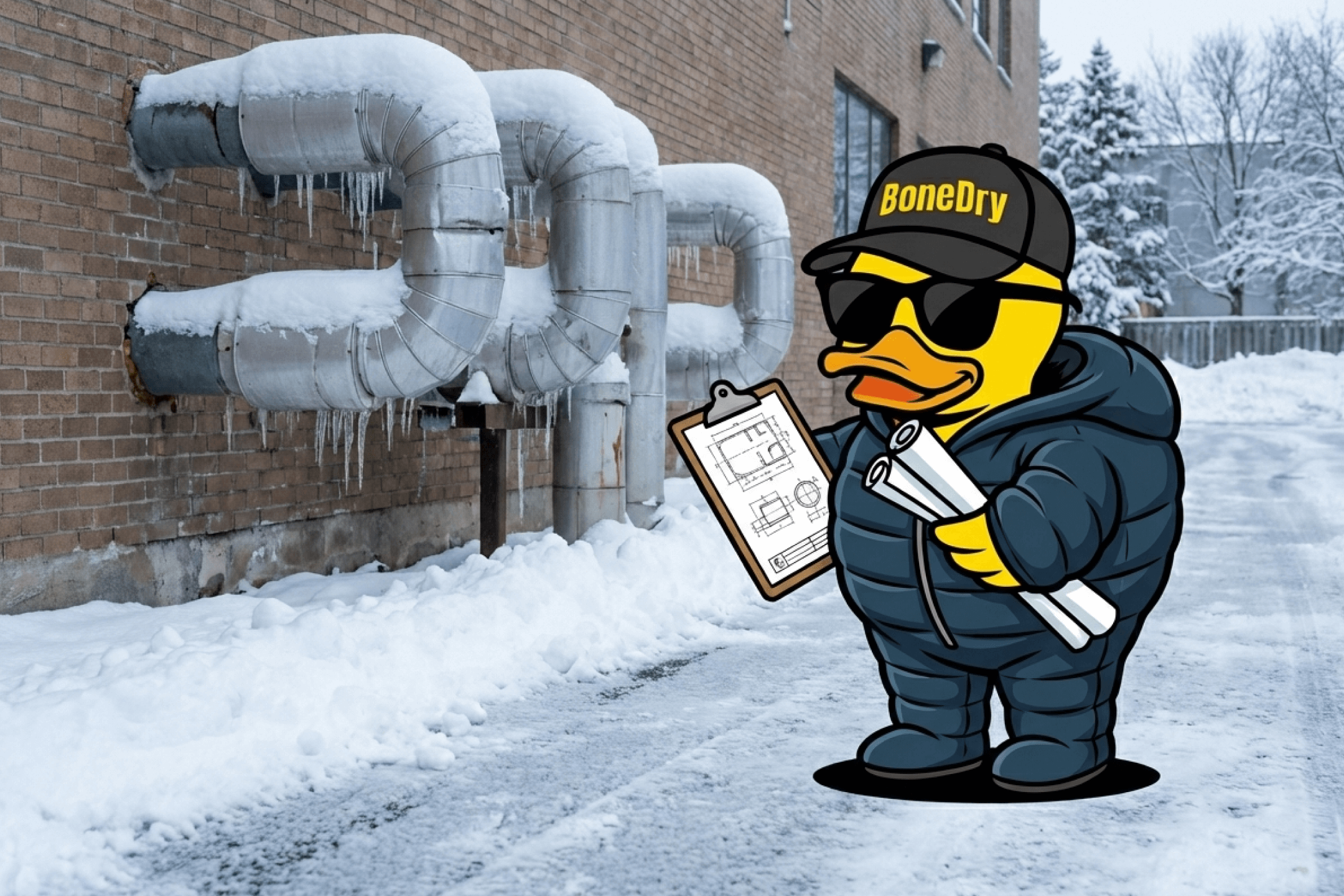 Insulated outdoor pipes covered in ice and snow during a winter deep freeze, highlighting the importance of protecting Colorado Springs plumbing from freezing.