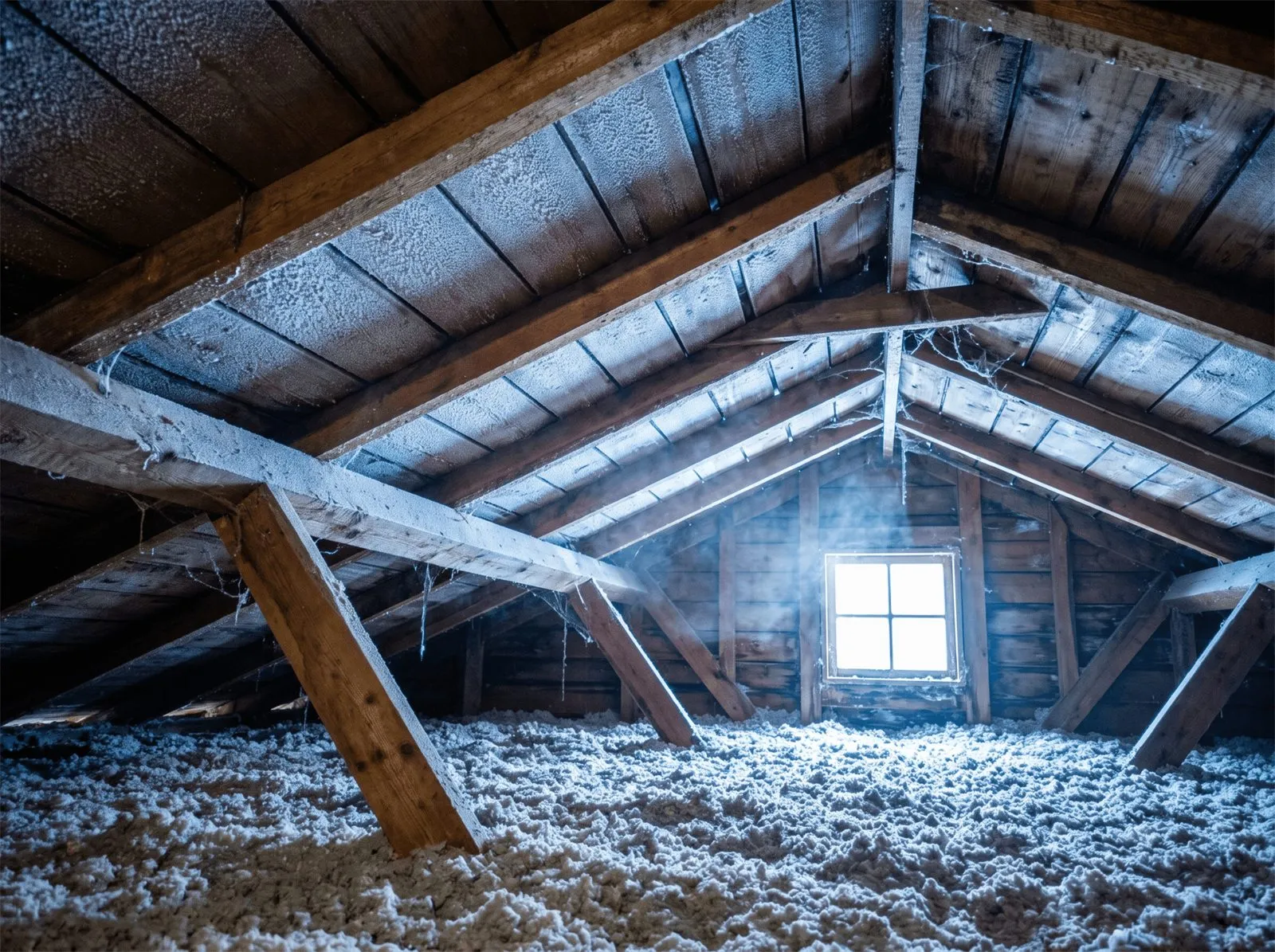 Frost coating the roof decking and rafters of an attic above loose-fill insulation