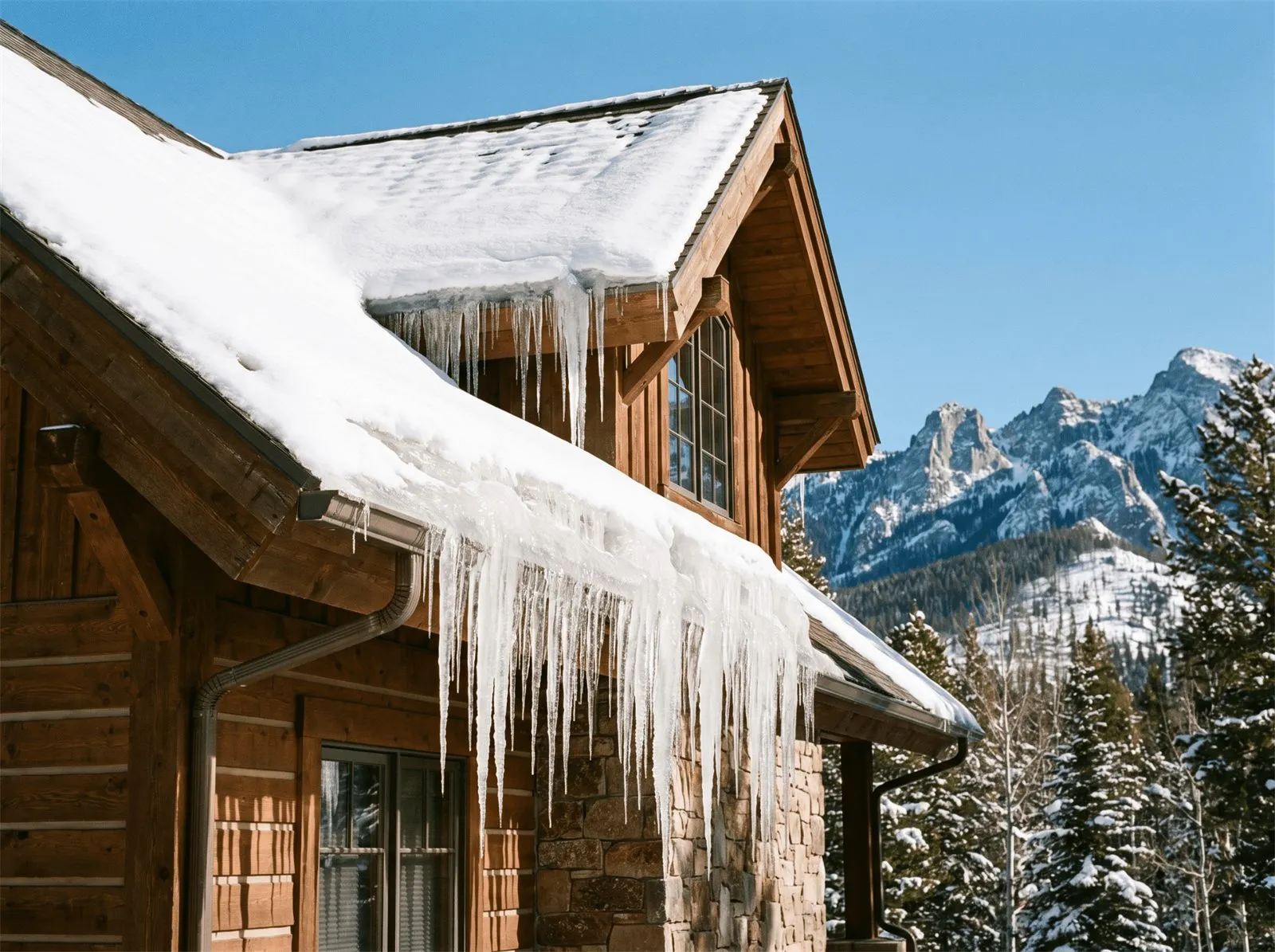 Ice dam and large icicles hanging from the snow-covered roof edge of a mountain log home