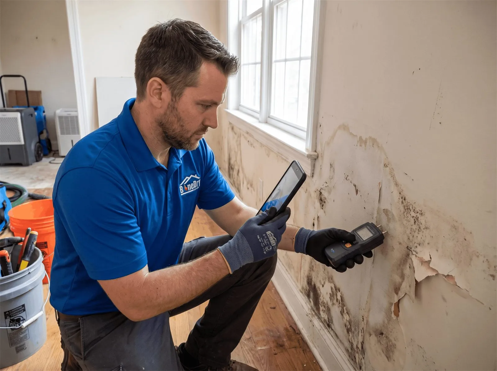 Restoration technician documenting a water-damaged wall with a tablet and moisture meter