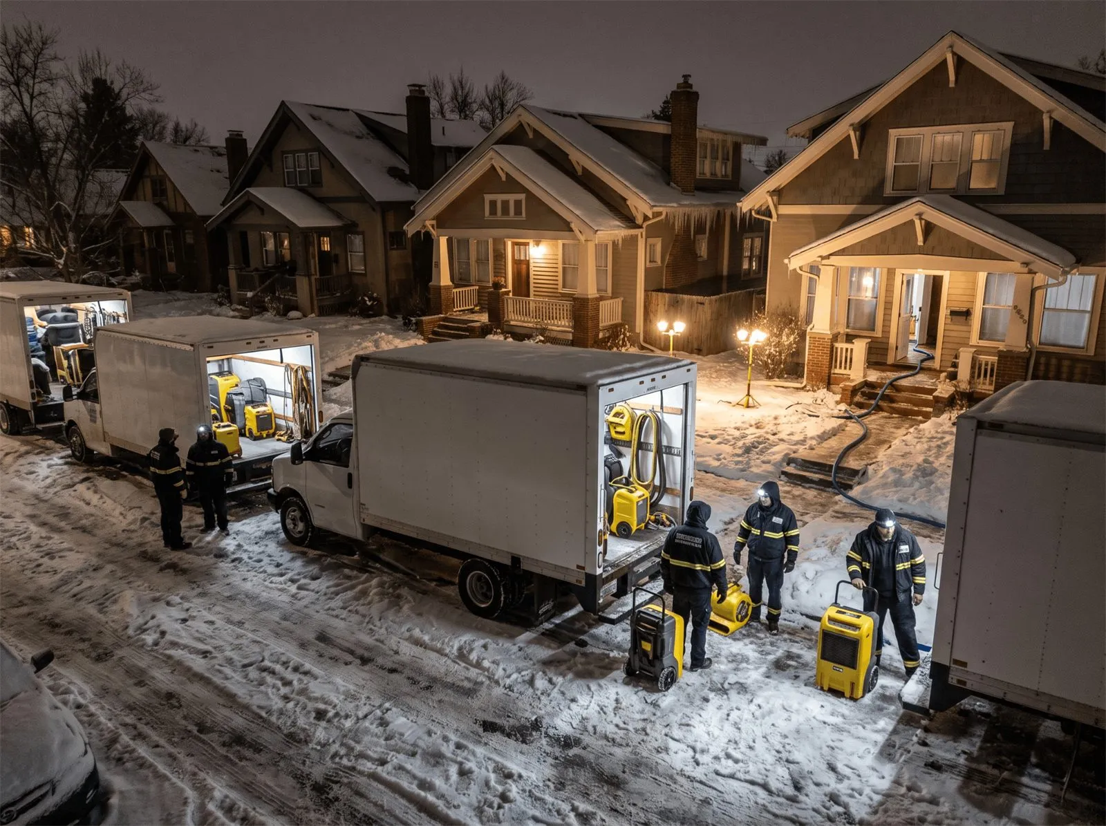 Restoration crews unloading dehumidifiers and air movers from box trucks outside snow-covered homes at night