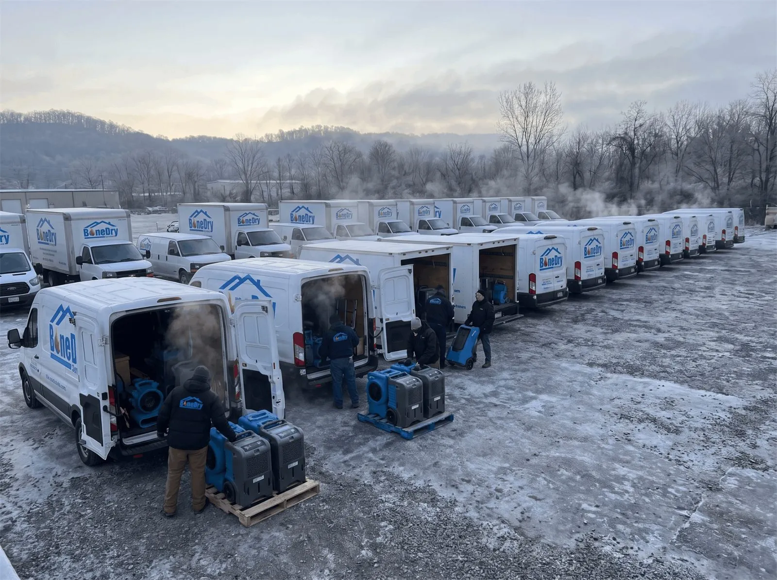 Fleet of BoneDry service vans loaded with drying equipment in a frosty staging yard at dawn