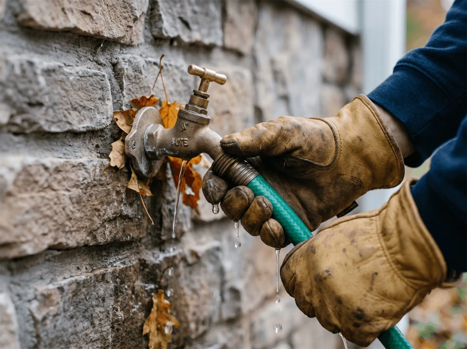 Gloved hand disconnecting a garden hose from an outdoor faucet on a stone wall in autumn