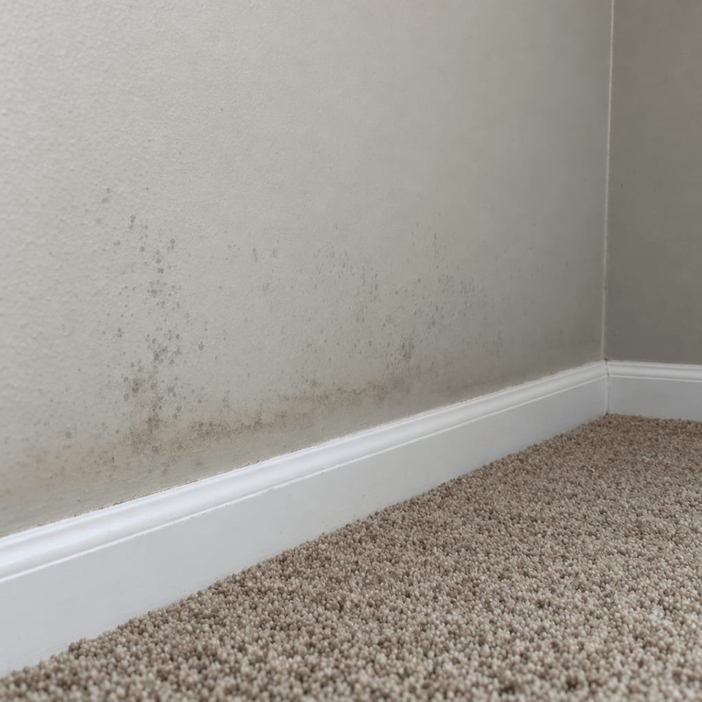 Faint gray mold spotting and a darker water line on basement drywall above a white baseboard and beige carpet.