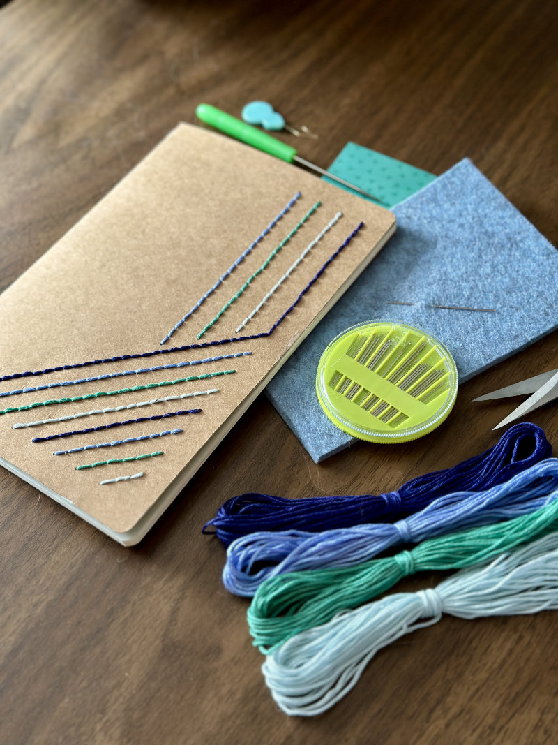 A photograph with colorful embroidery thread arranged in radiating lines around a building, next to green scissors, a pen, and an awl on a wooden surface.