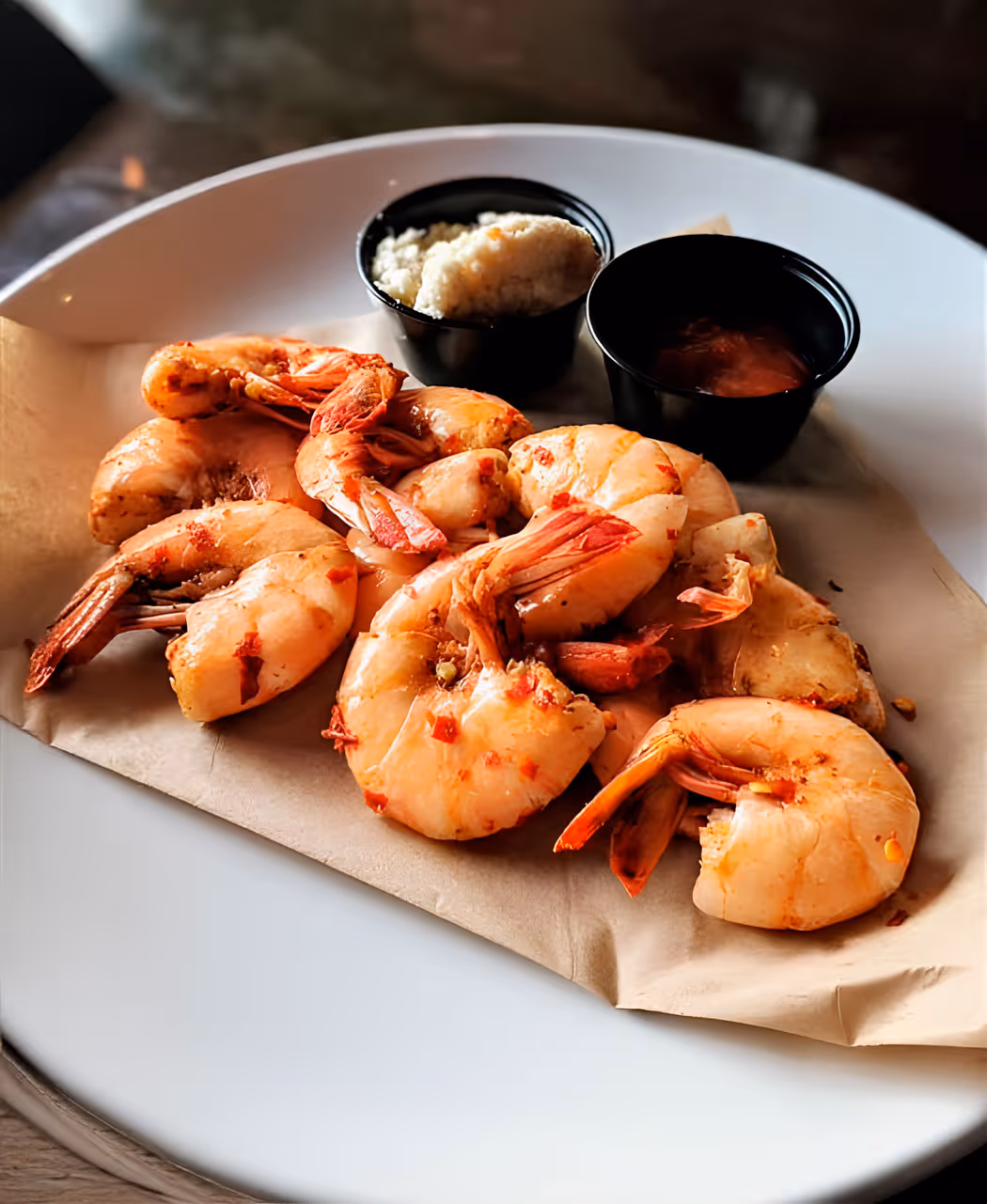 Fried shrimp with dipping sauces.