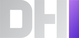 Silver gradient letters DHI next to a vertical purple bar on a white background.