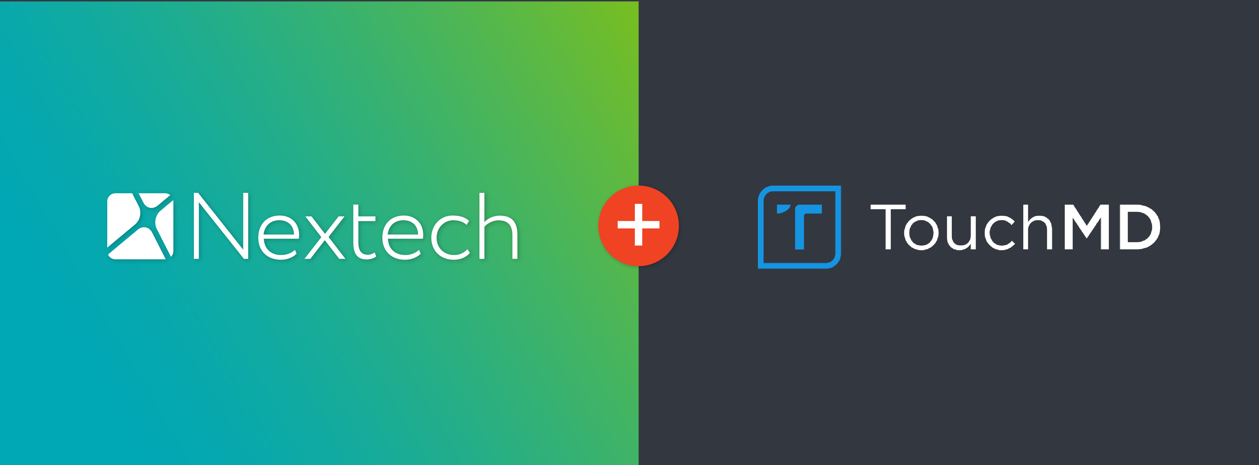 Nextech and TouchMD logos separated by a red plus sign on a split green-blue and dark background.
