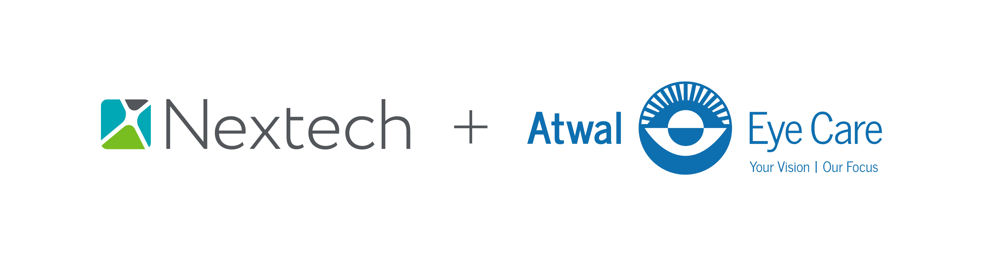 Nextech and Atwal Eye Care logos side by side with Atwal tagline Your Vision | Our Focus.