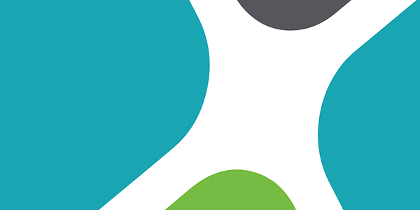 Abstract design with teal, green, and dark gray shapes on white background.