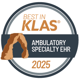 Best in KLAS 2025 badge for Ambulatory Specialty EHR with a rock arch graphic.