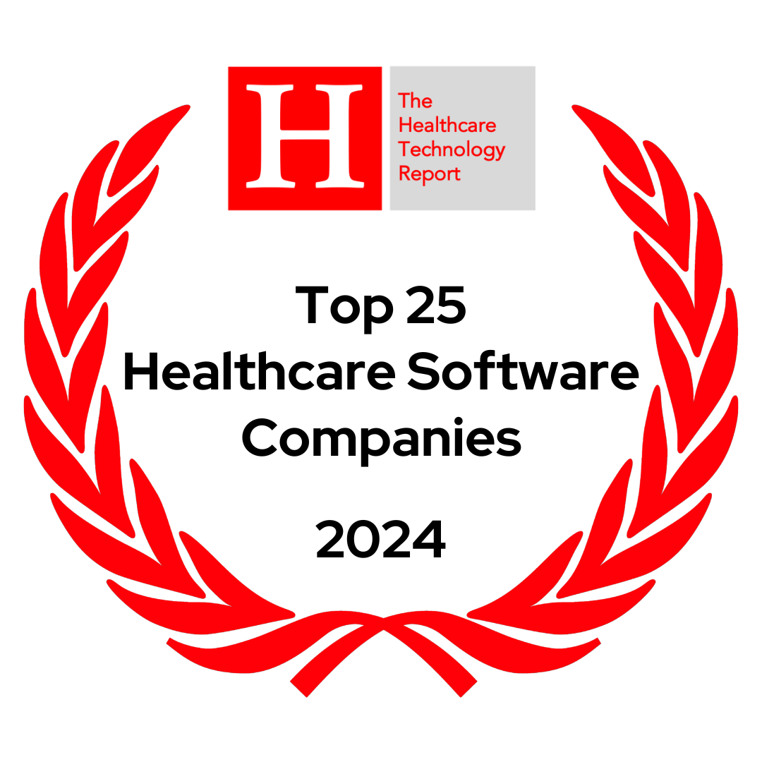 Red laurel wreath with The Healthcare Technology Report logo above it on a black background.
