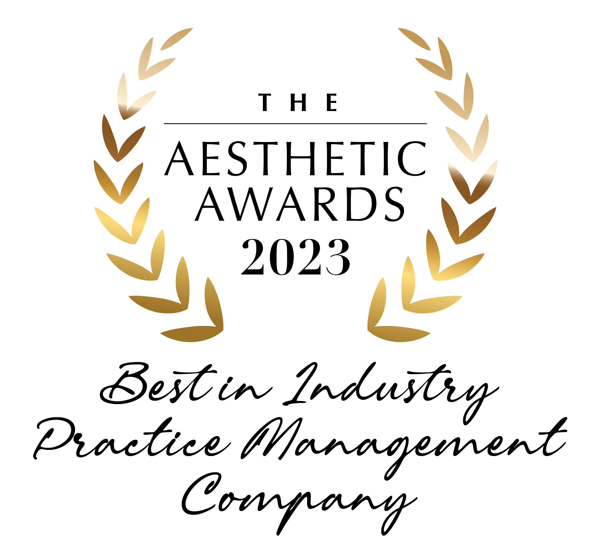 Logo with gold laurel wreath surrounding black text '2023 Winners Practice Management' with star above text.