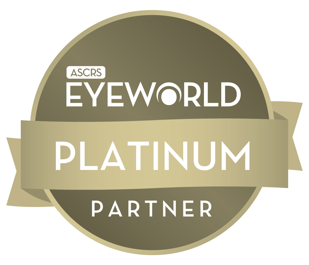 ASCRS EyeWorld Platinum Partner badge in gold with a ribbon across the center.