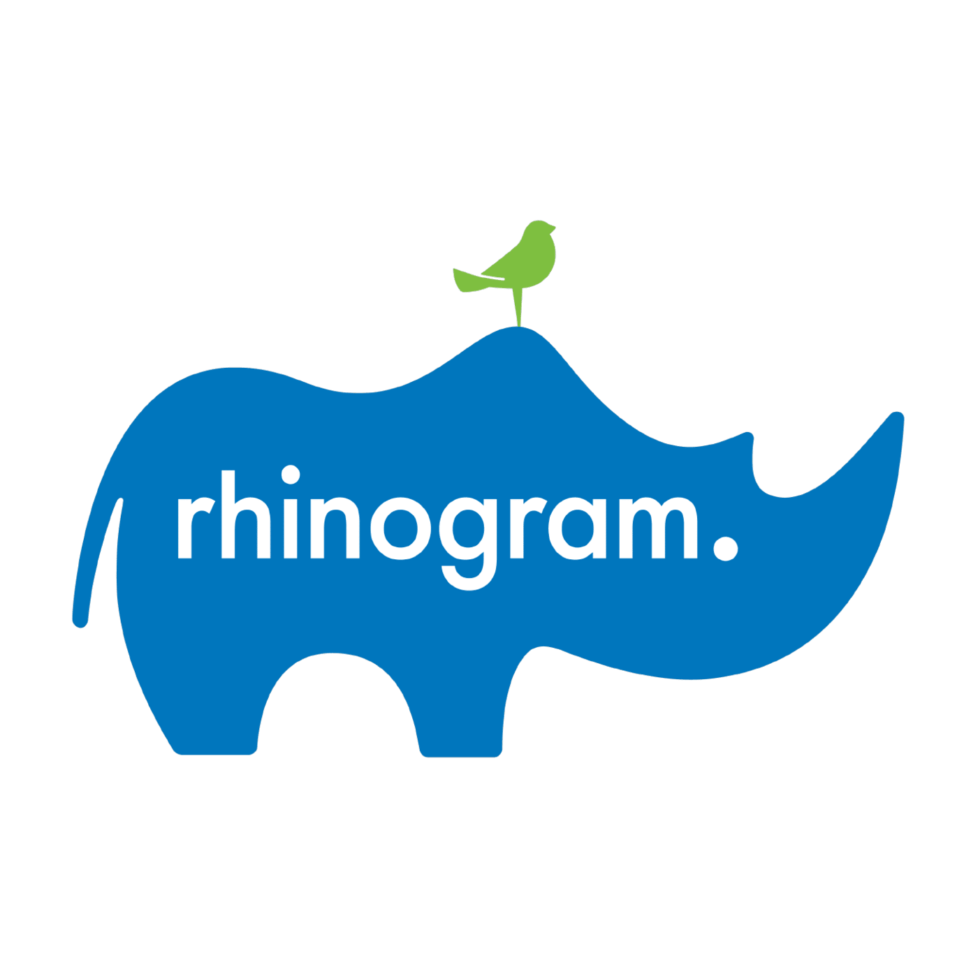 Blue rhinoceros silhouette with a green bird on its back and the word rhinogram inside.