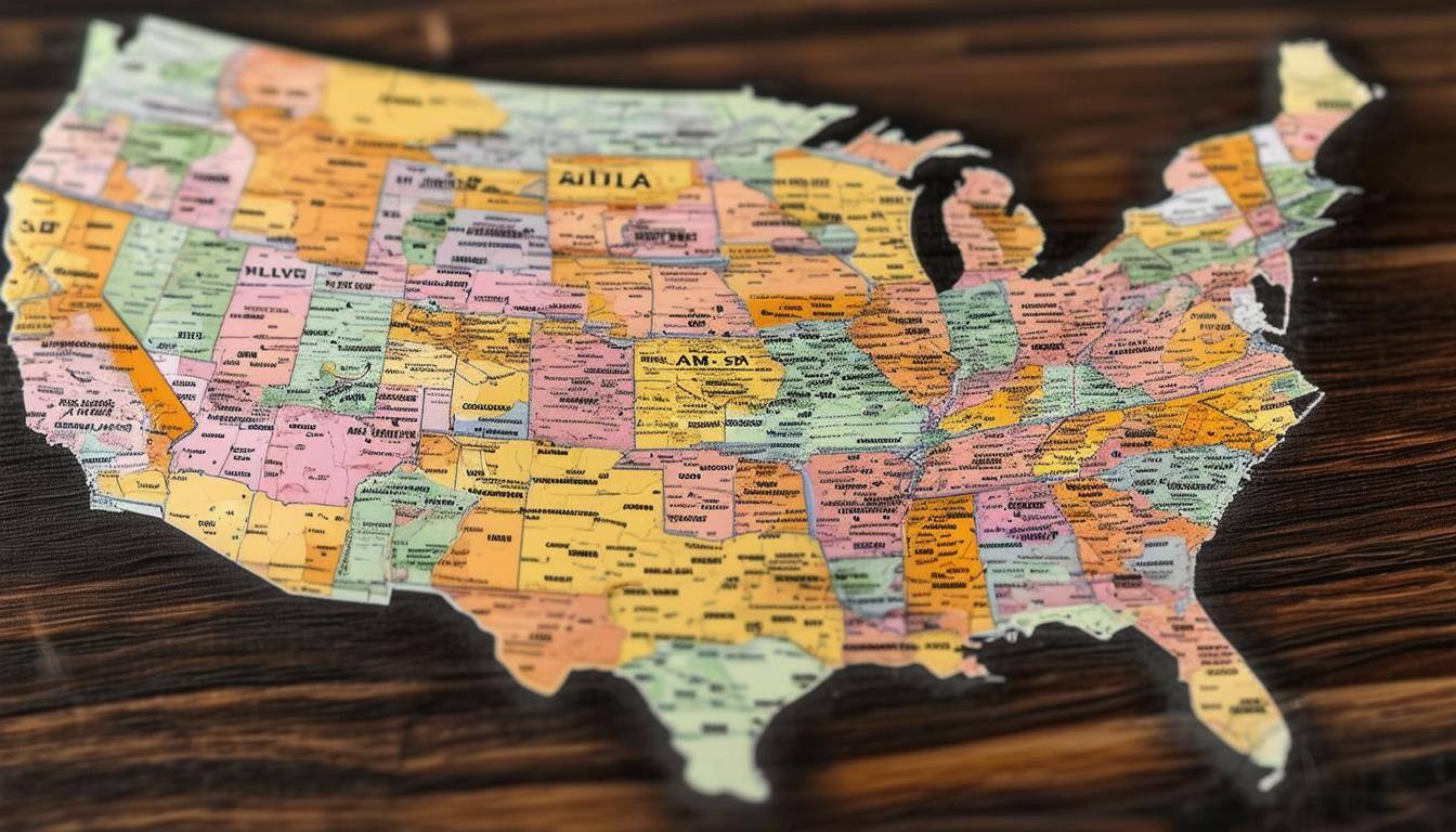 Colorful, detailed map of the United States showing state borders and names on a wooden surface.