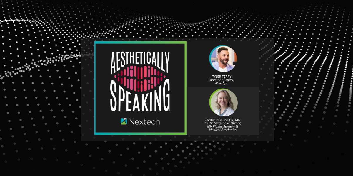 Podcast logo 'Aesthetically Speaking' by Nextech with photos of Tyler Terry and Dr. Carrie Houssock.