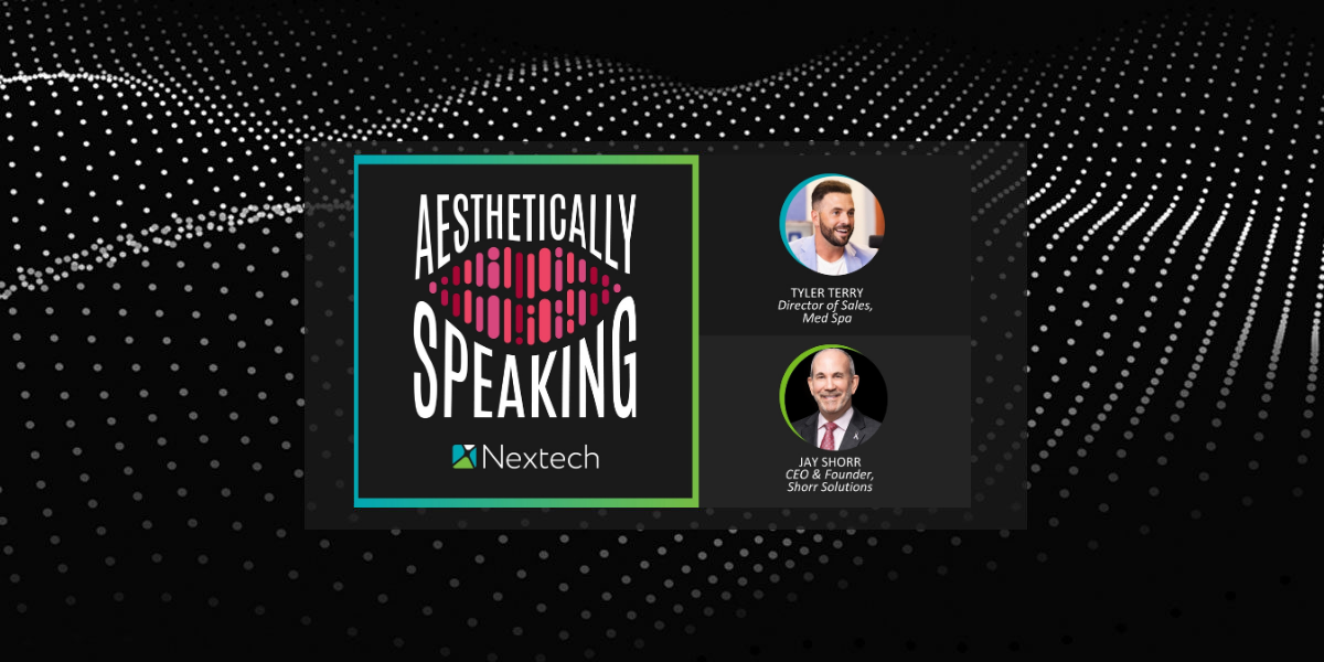 Aesthetically Speaking podcast logo with portraits of Tyler Terry and Jay Shorr, speakers for Nextech.