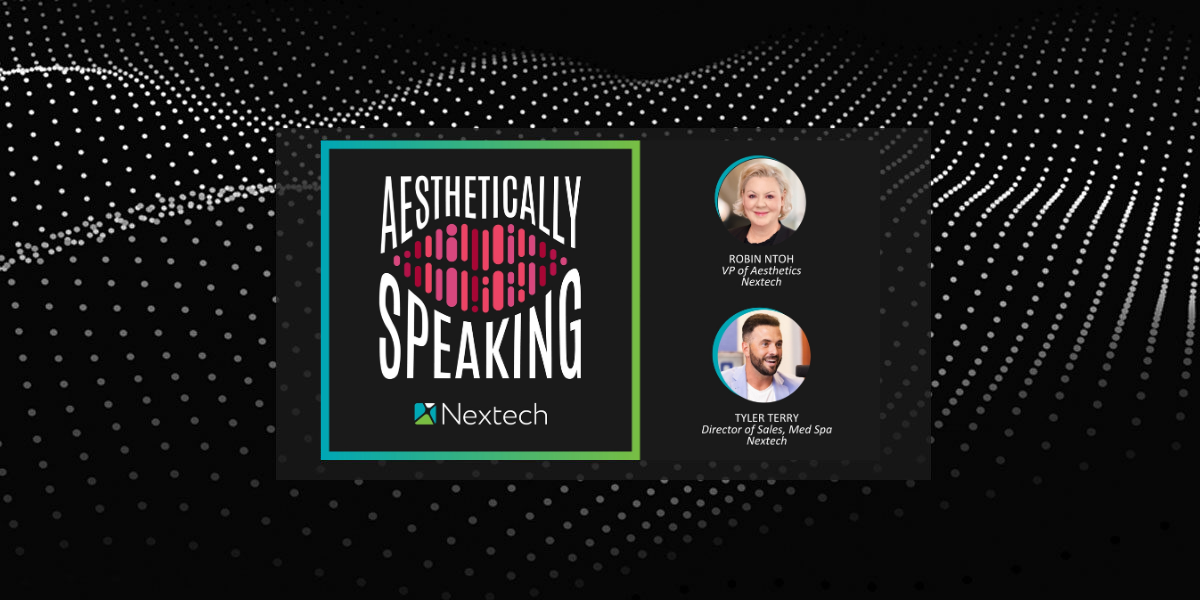 Podcast cover with 'Aesthetically Speaking' and photos of Robin Ntoh and Tyler Terry from Nextech.