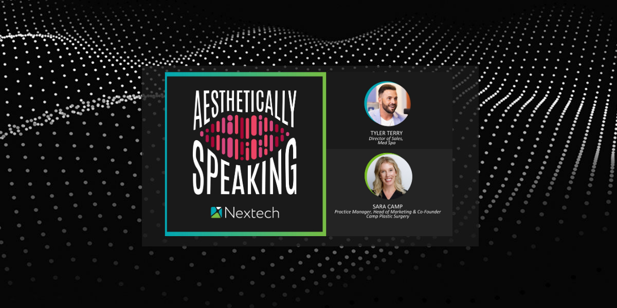 Aesthetically Speaking podcast logo with hosts Tyler Terry and Sara Camp on a dark dotted wave background.